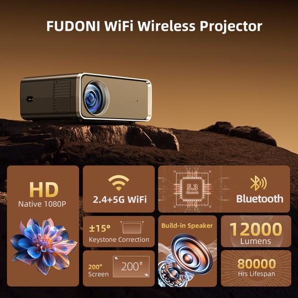 Mini HD Projector with WiFi & Bluetooth – 1080p, 200” Screen